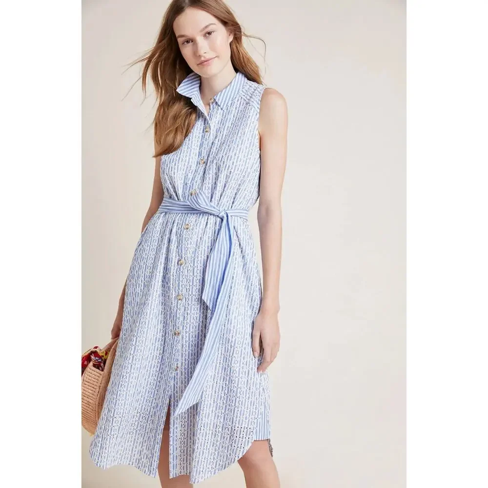 By Anthropologie Kismet Shirtdress Eyelet Lace Stripe Dress Anthro 12P 12 Petite - Picture 3 of 16